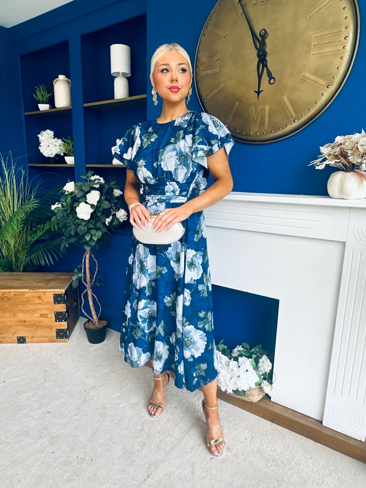 Naoise Frill Sleeve Midi Dress Floral Navy