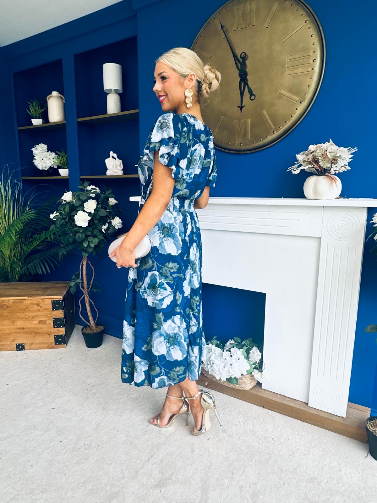Naoise Frill Sleeve Midi Dress Floral Navy