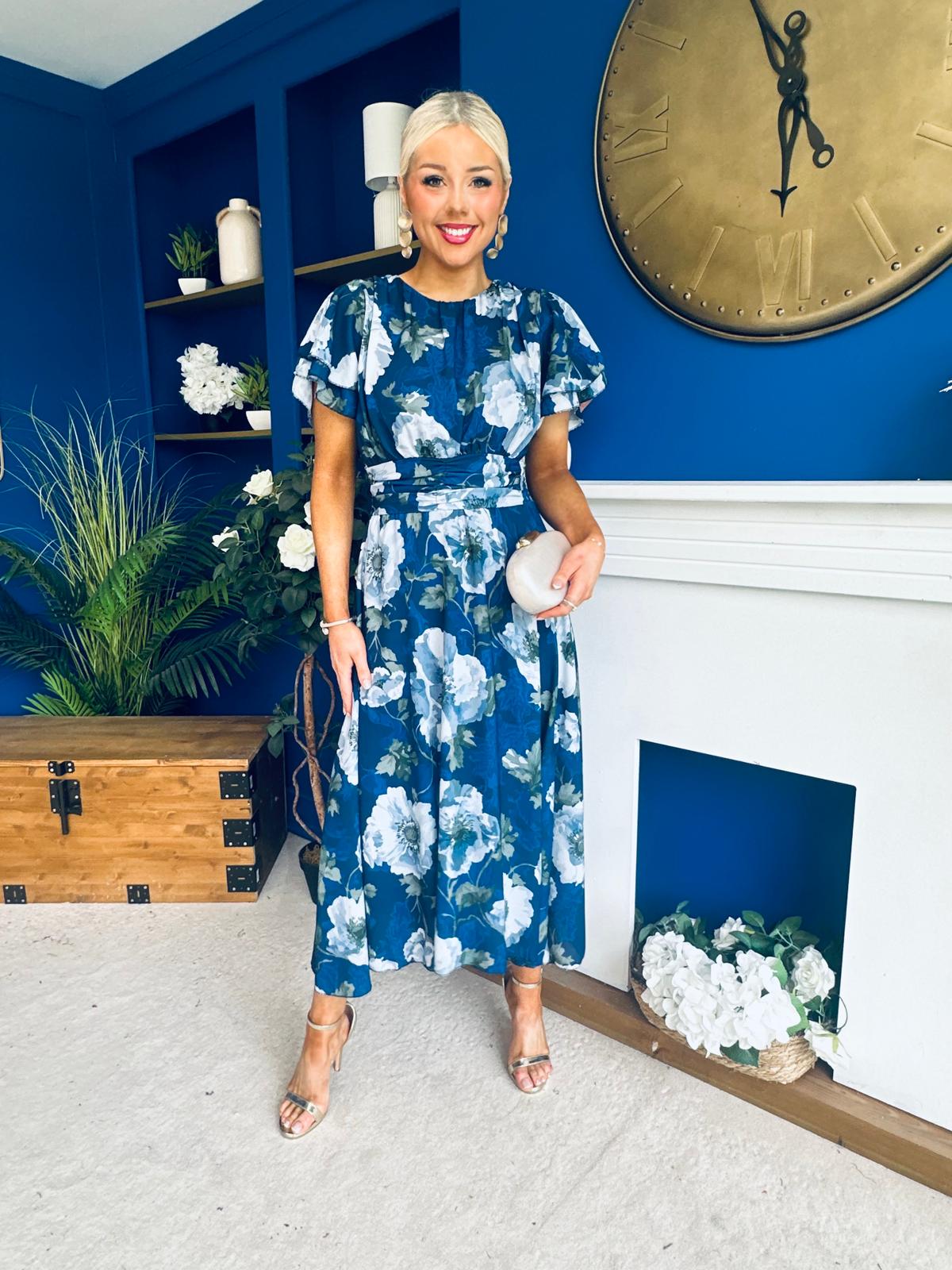 Naoise Frill Sleeve Midi Dress Floral Navy