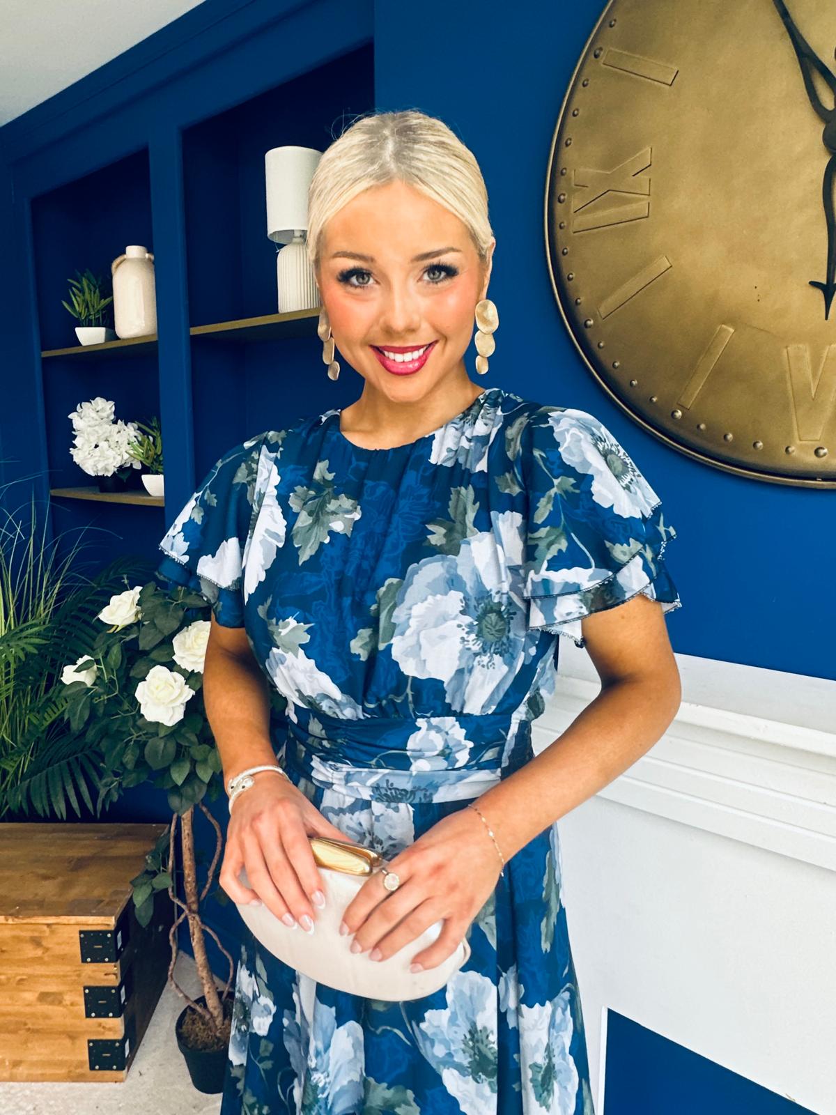 Naoise Frill Sleeve Midi Dress Floral Navy