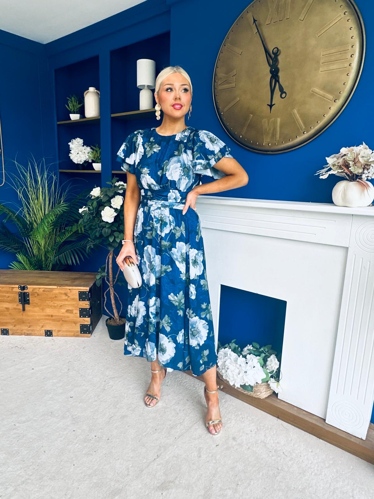 Naoise Frill Sleeve Midi Dress Floral Navy