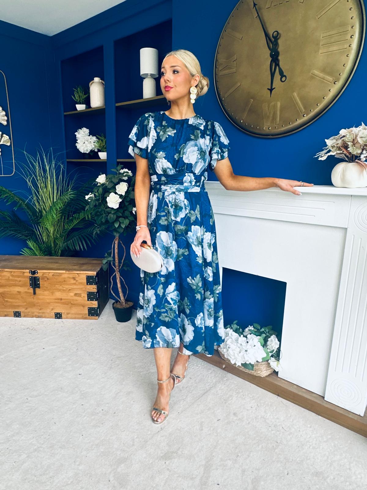 Naoise Frill Sleeve Midi Dress Floral Navy