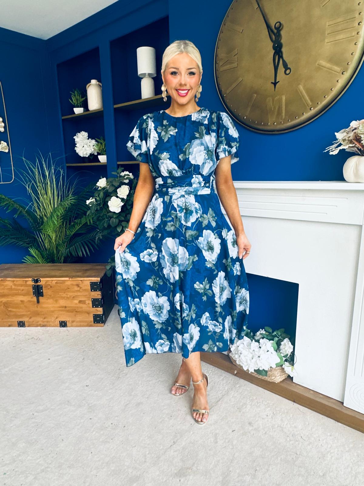 Naoise Frill Sleeve Midi Dress Floral Navy