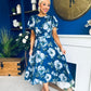 Naoise Frill Sleeve Midi Dress Floral Navy