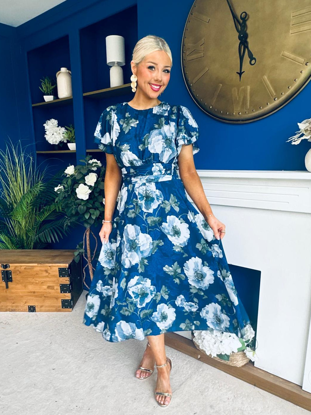 Naoise Frill Sleeve Midi Dress Floral Navy