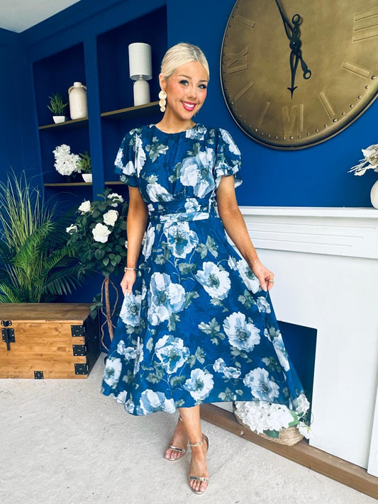 Naoise Frill Sleeve Midi Dress Floral Navy