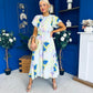 Naoise Frill Sleeve Midi Dress Floral Pwr Blue