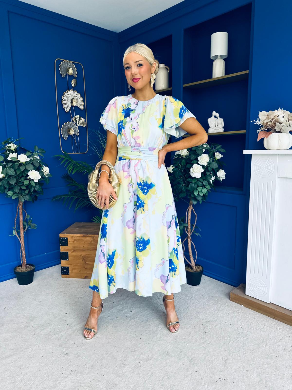 Naoise Frill Sleeve Midi Dress Floral Pwr Blue