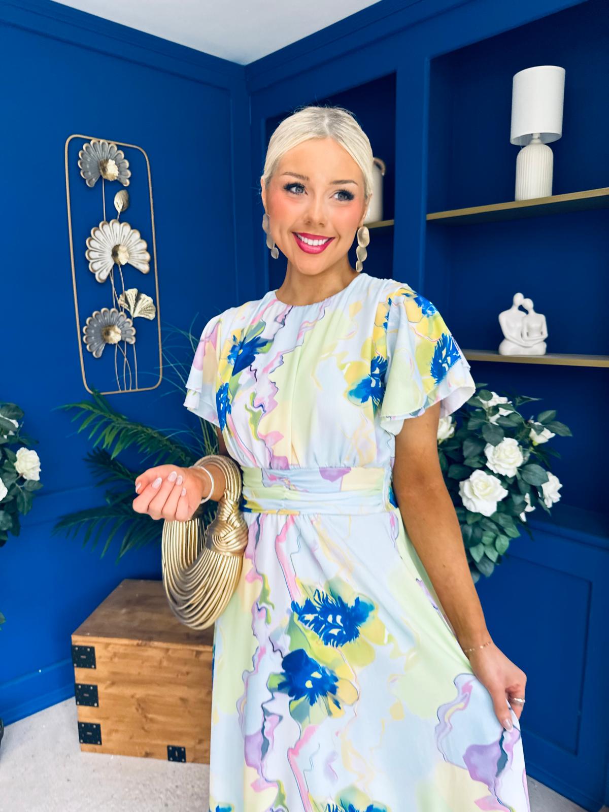 Naoise Frill Sleeve Midi Dress Floral Pwr Blue