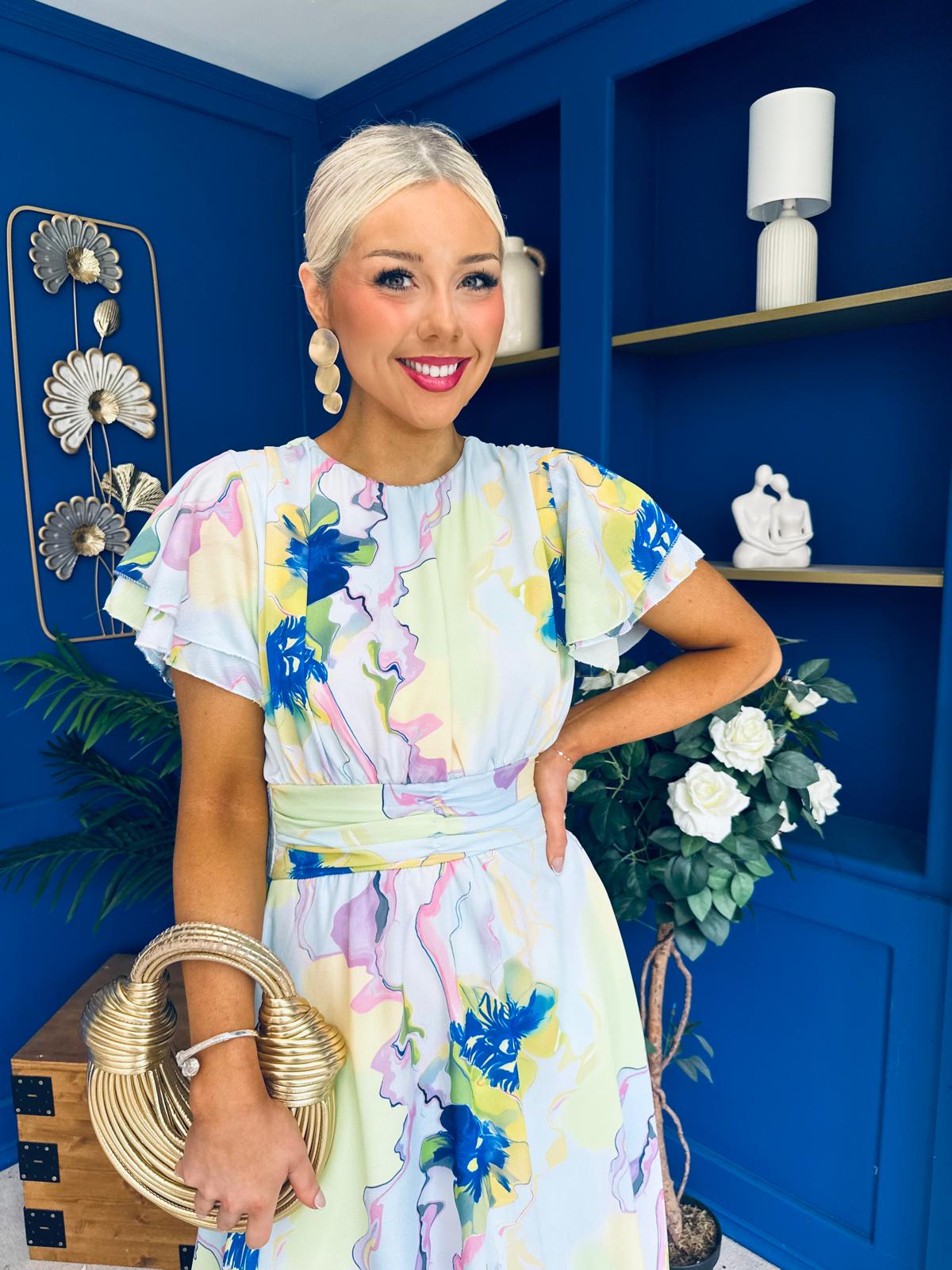Naoise Frill Sleeve Midi Dress Floral Pwr Blue