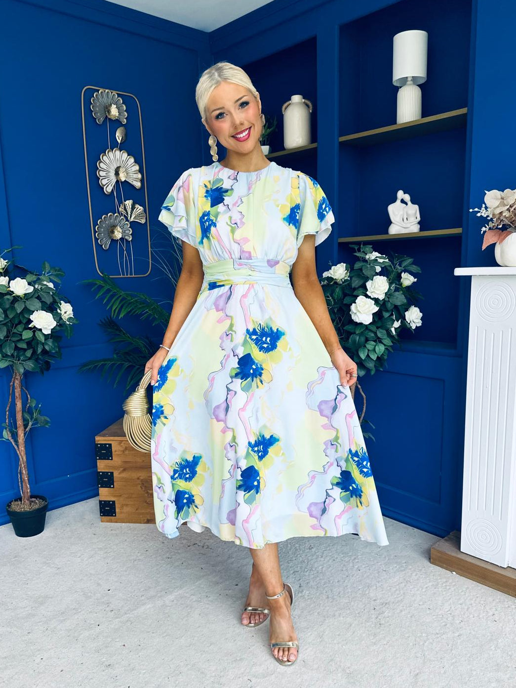 Naoise Frill Sleeve Midi Dress Floral Pwr Blue
