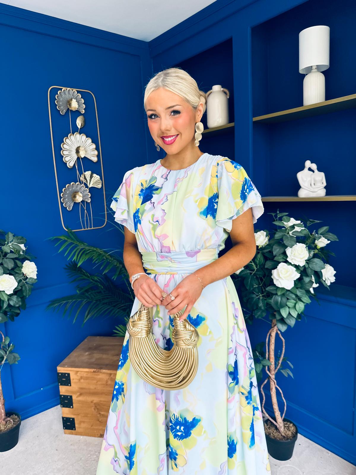 Naoise Frill Sleeve Midi Dress Floral Pwr Blue