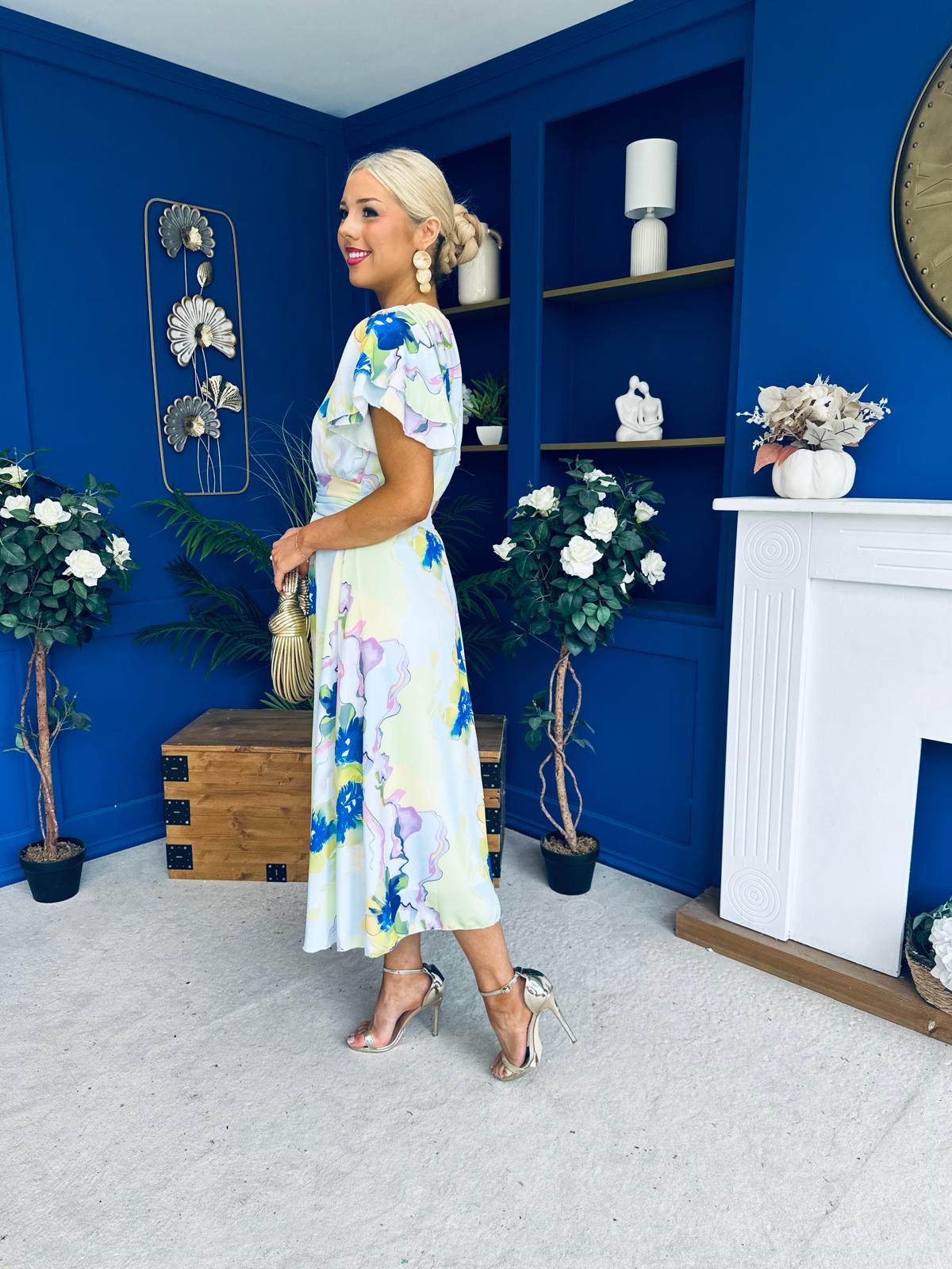 Naoise Frill Sleeve Midi Dress Floral Pwr Blue