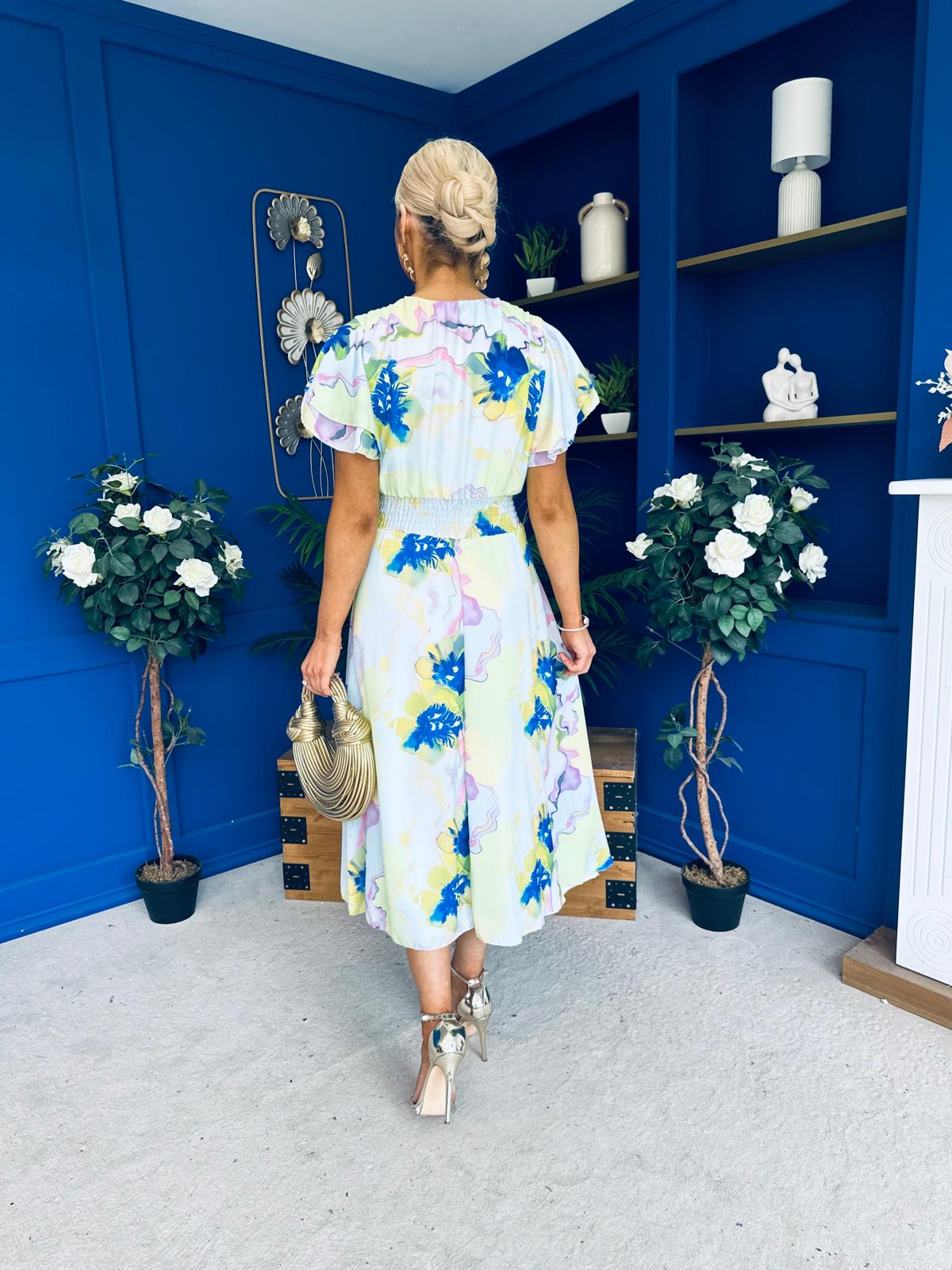 Naoise Frill Sleeve Midi Dress Floral Pwr Blue