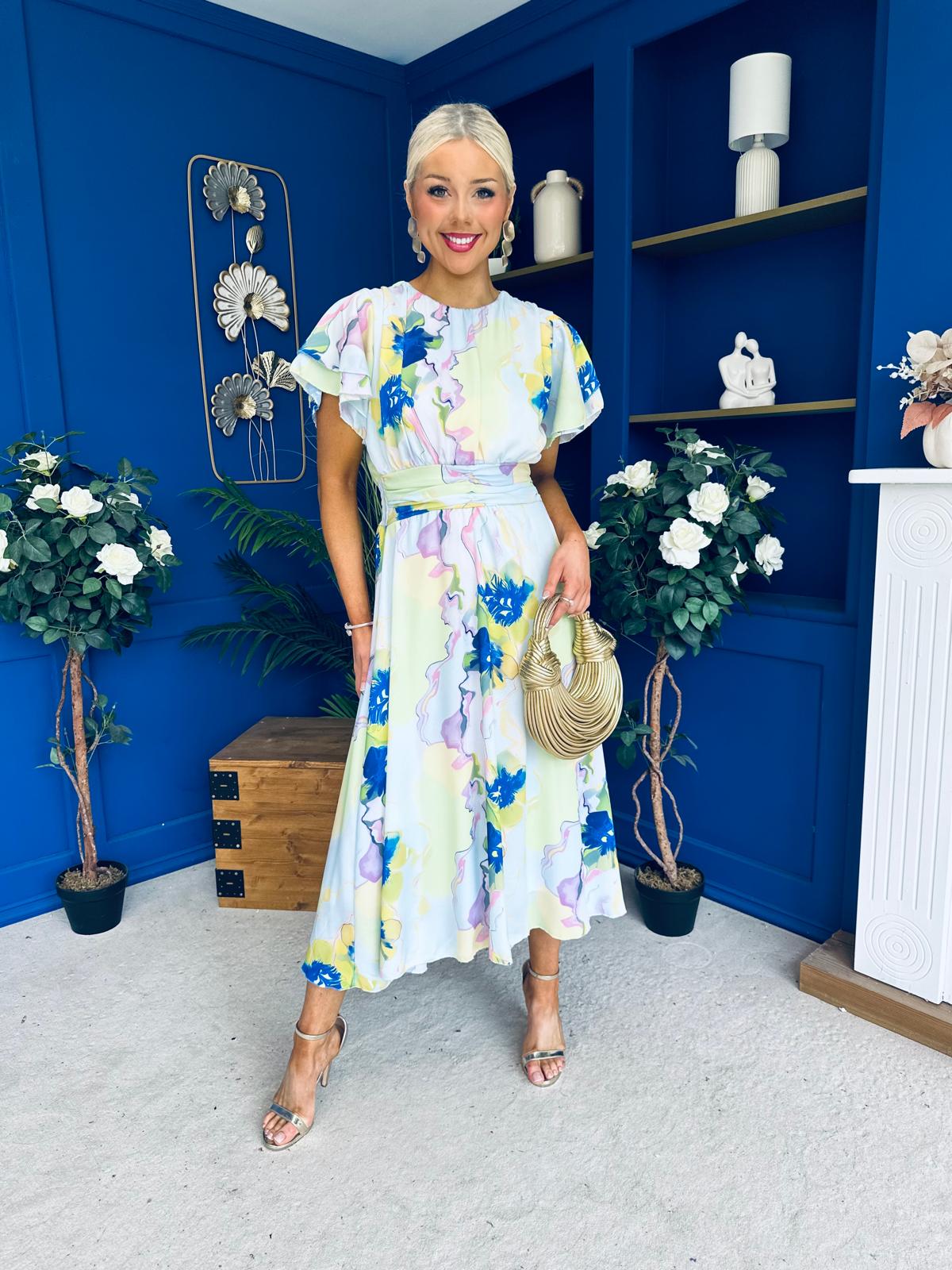 Naoise Frill Sleeve Midi Dress Floral Pwr Blue