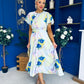 Naoise Frill Sleeve Midi Dress Floral Pwr Blue