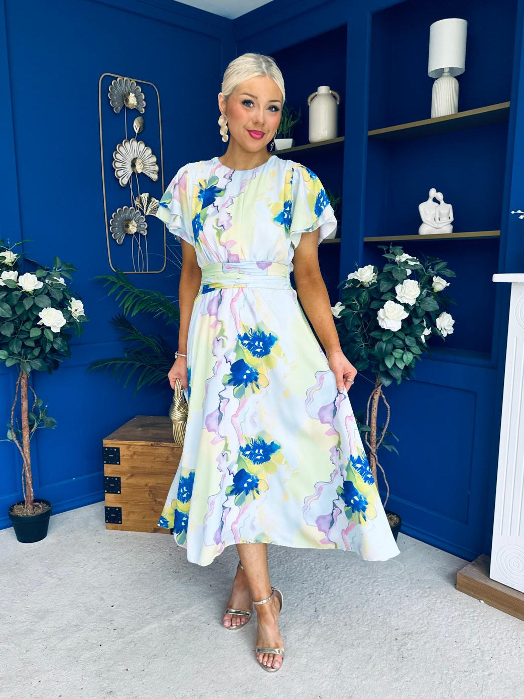 Naoise Frill Sleeve Midi Dress Floral Pwr Blue