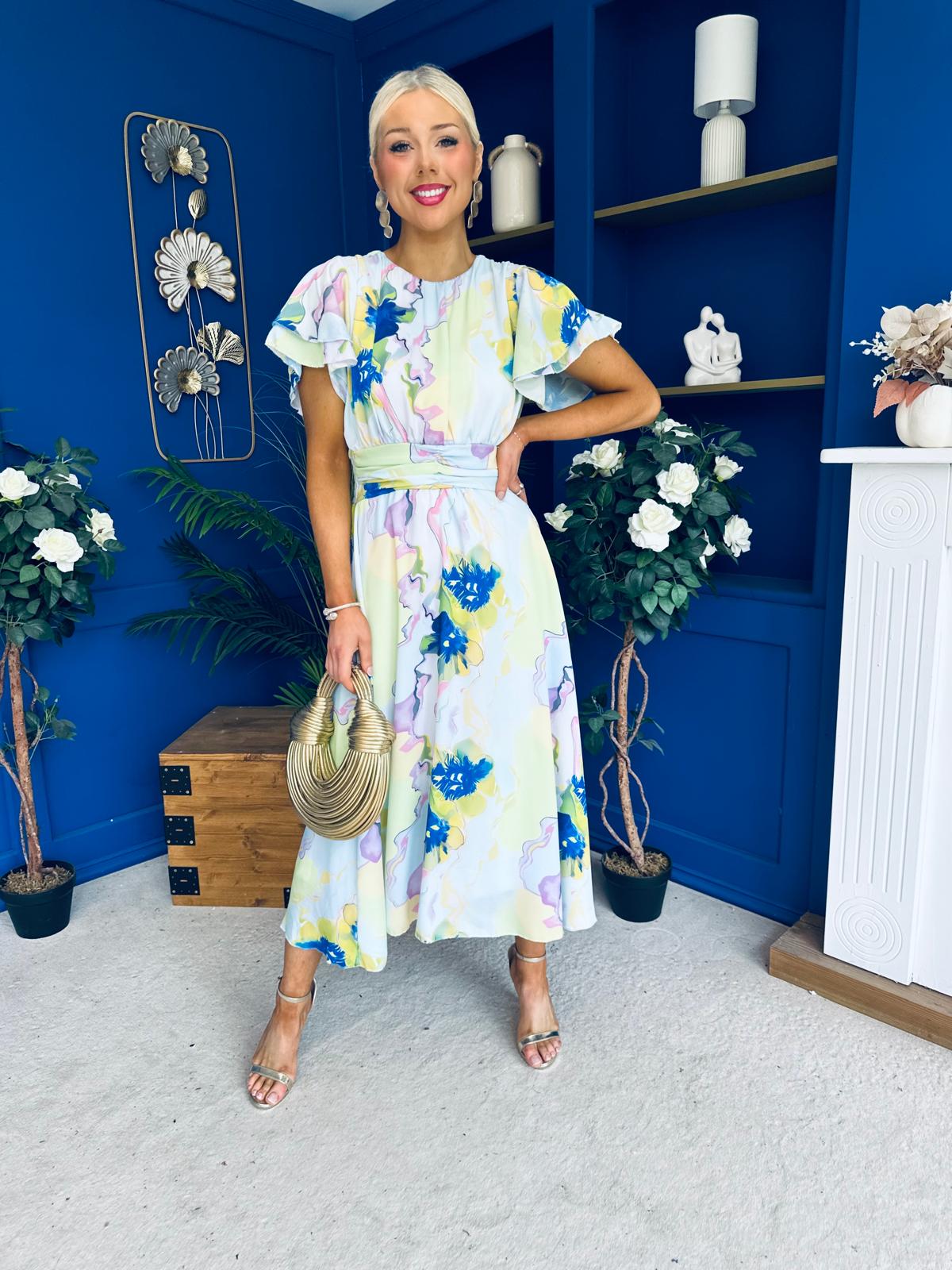 Naoise Frill Sleeve Midi Dress Floral Pwr Blue
