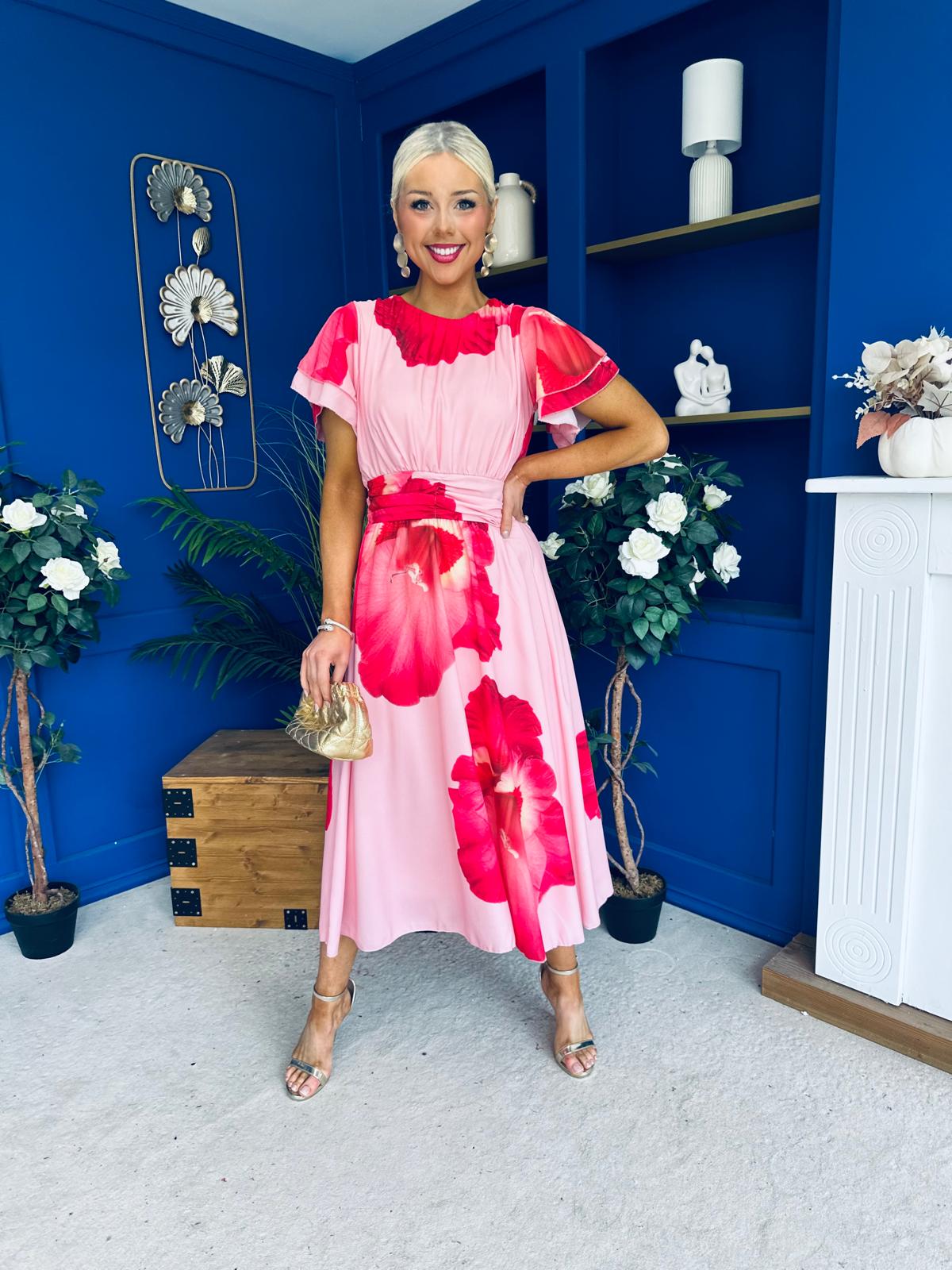 Naoise Frill Sleeve Midi Dress Floral Pink