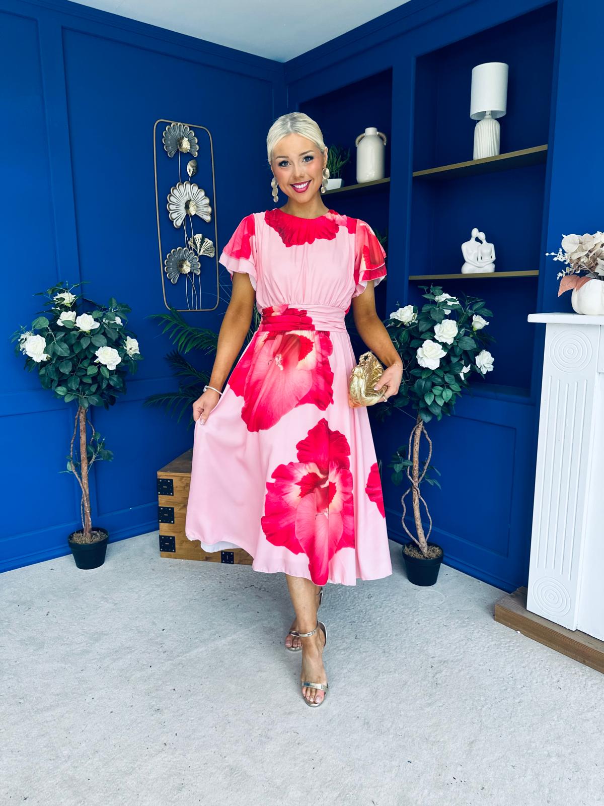 Naoise Frill Sleeve Midi Dress Floral Pink