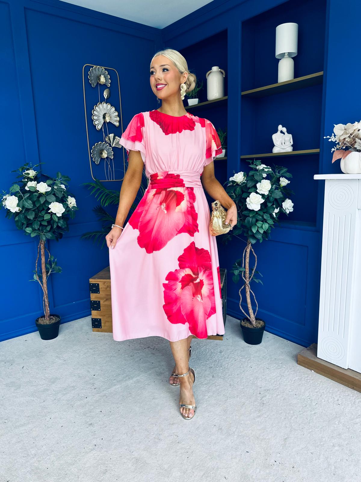 Naoise Frill Sleeve Midi Dress Floral Pink