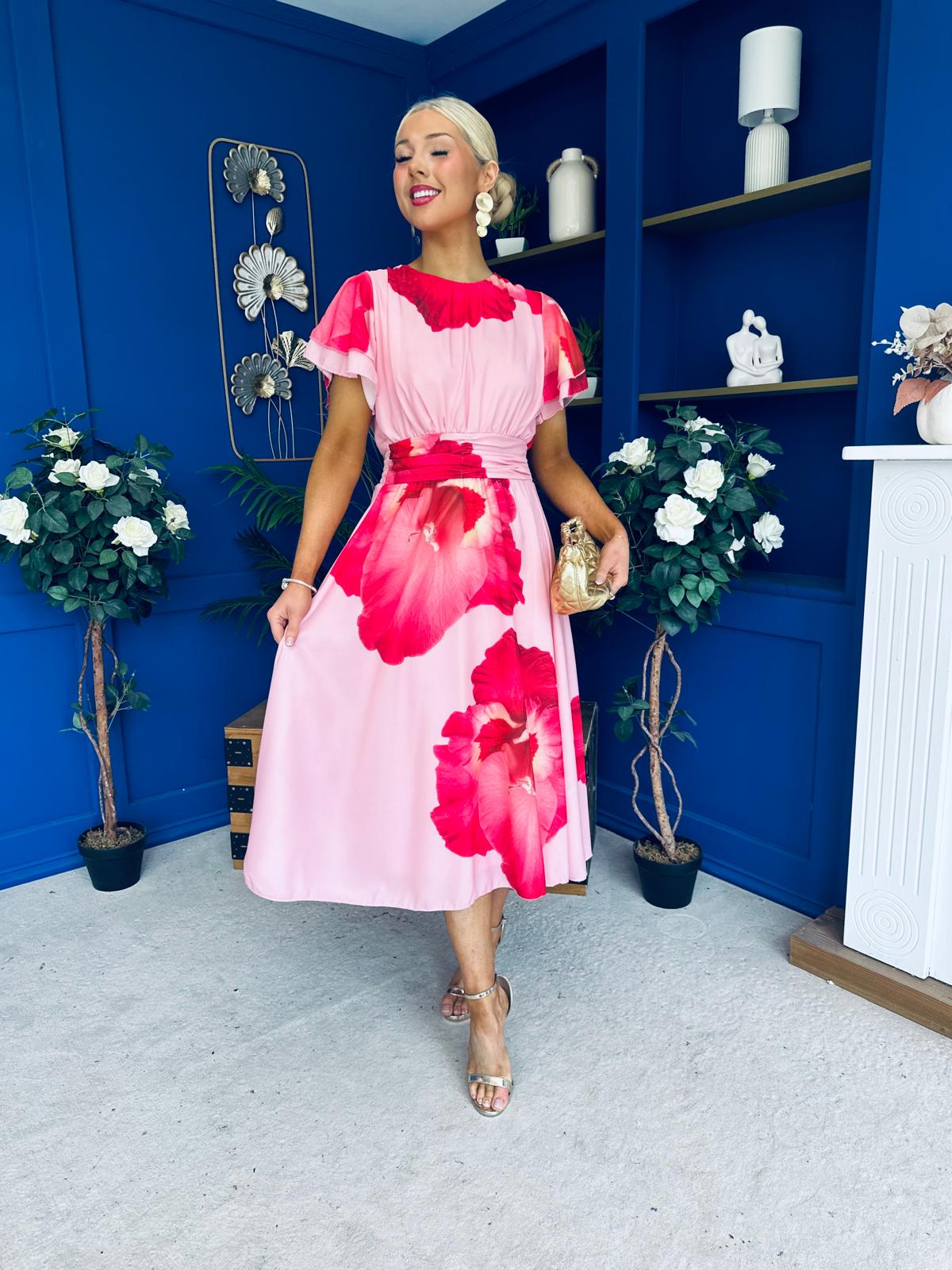 Naoise Frill Sleeve Midi Dress Floral Pink