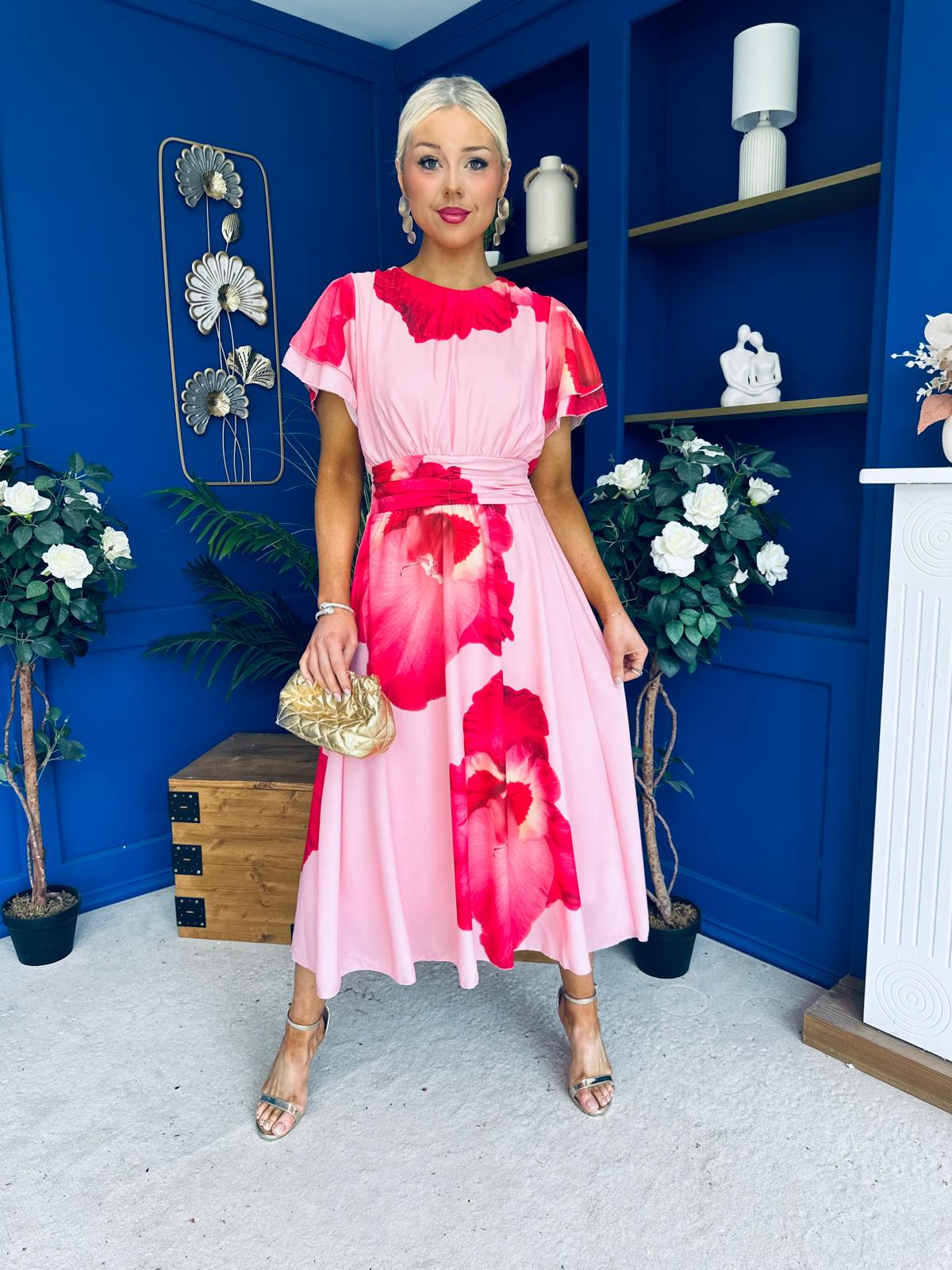 Naoise Frill Sleeve Midi Dress Floral Pink
