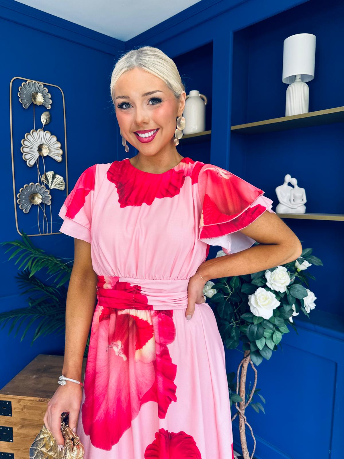 Naoise Frill Sleeve Midi Dress Floral Pink