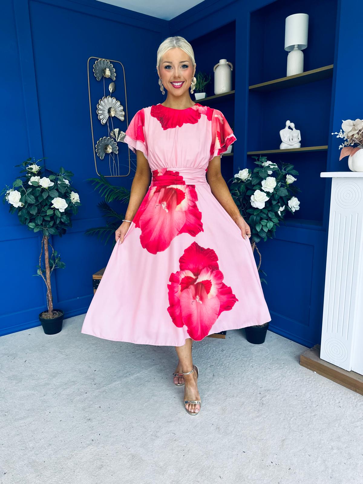 Naoise Frill Sleeve Midi Dress Floral Pink