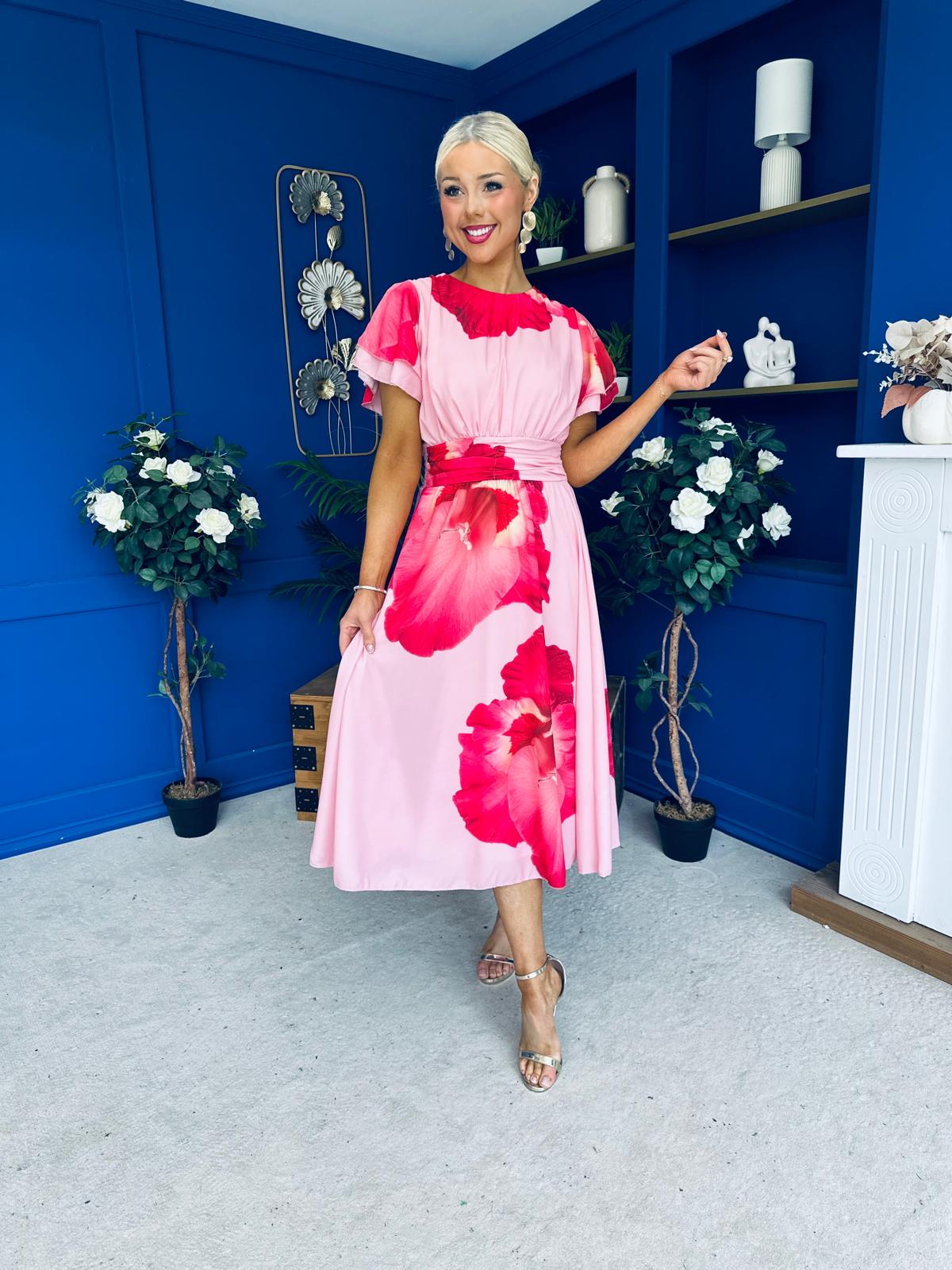 Naoise Frill Sleeve Midi Dress Floral Pink