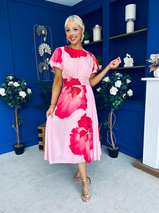 Naoise Frill Sleeve Midi Dress Floral Pink