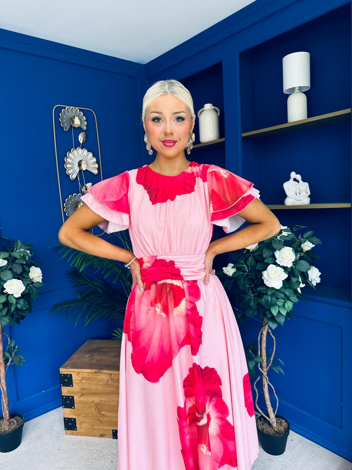 Naoise Frill Sleeve Midi Dress Floral Pink