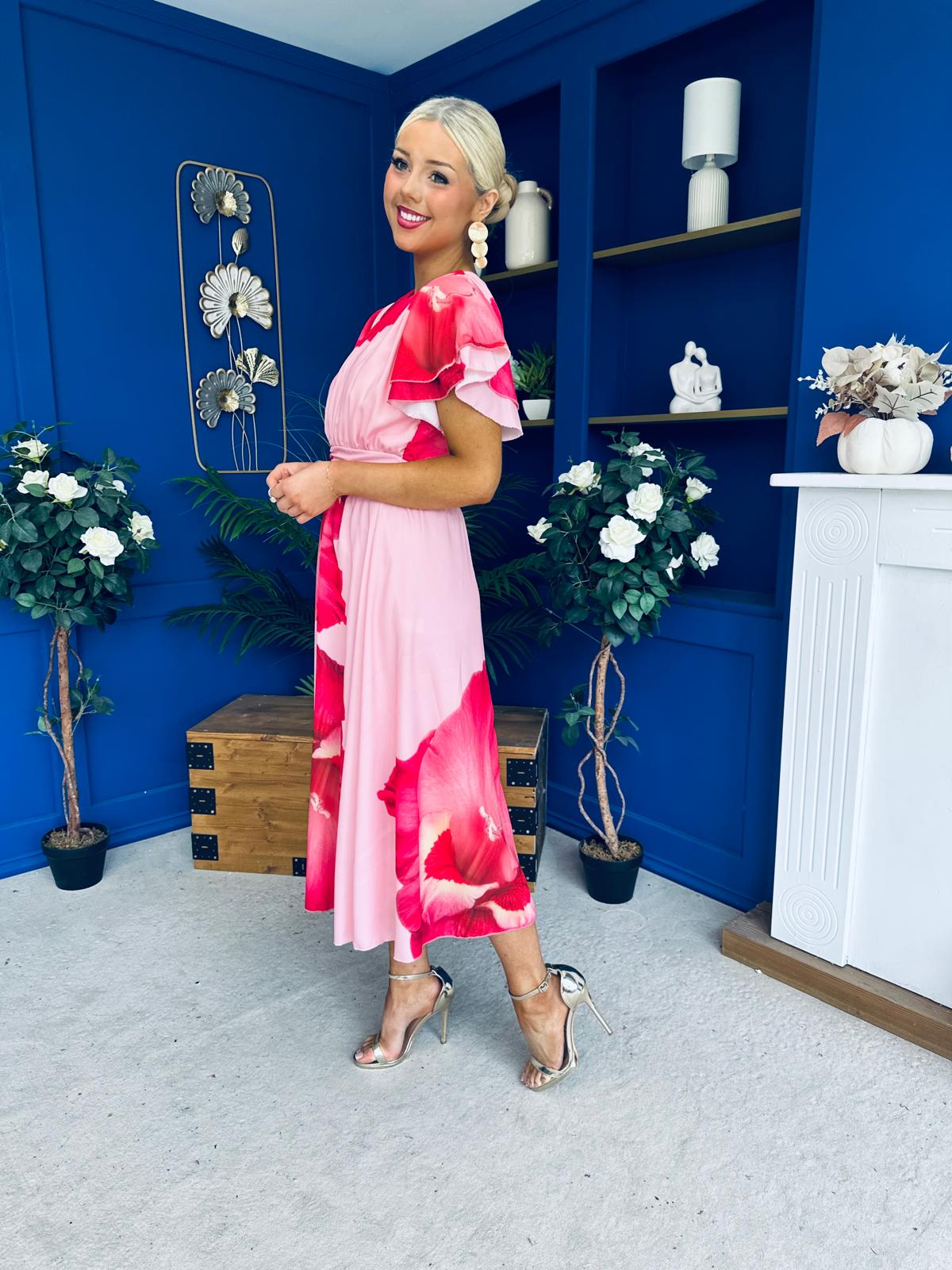 Naoise Frill Sleeve Midi Dress Floral Pink