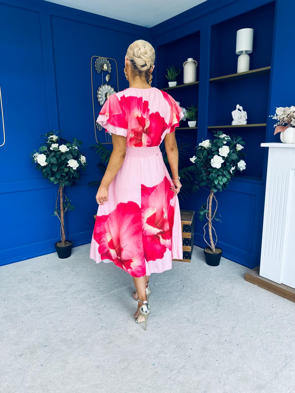 Naoise Frill Sleeve Midi Dress Floral Pink