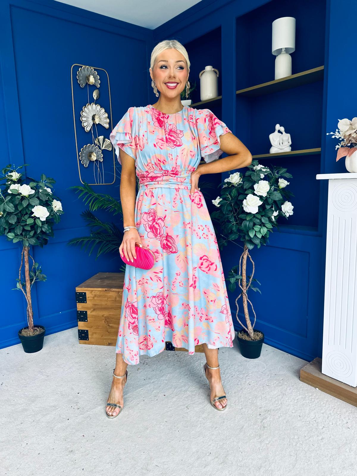 Naoise Frill Sleeve Midi Dress Floral Pastel