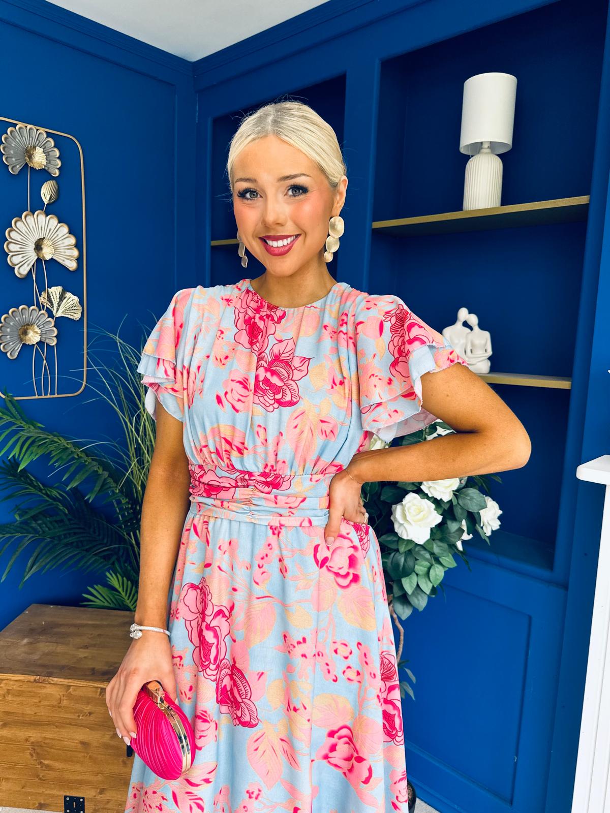 Naoise Frill Sleeve Midi Dress Floral Pastel