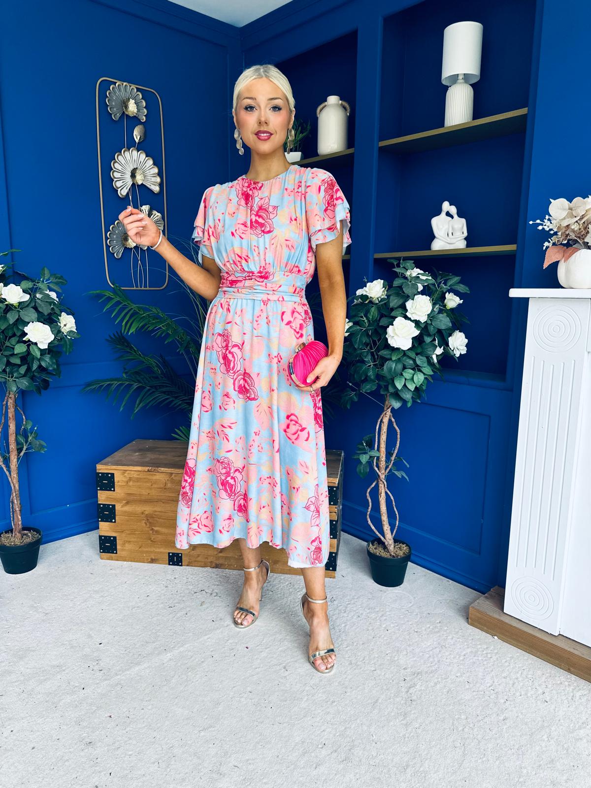 Naoise Frill Sleeve Midi Dress Floral Pastel
