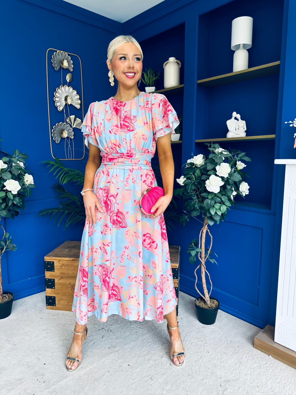 Naoise Frill Sleeve Midi Dress Floral Pastel