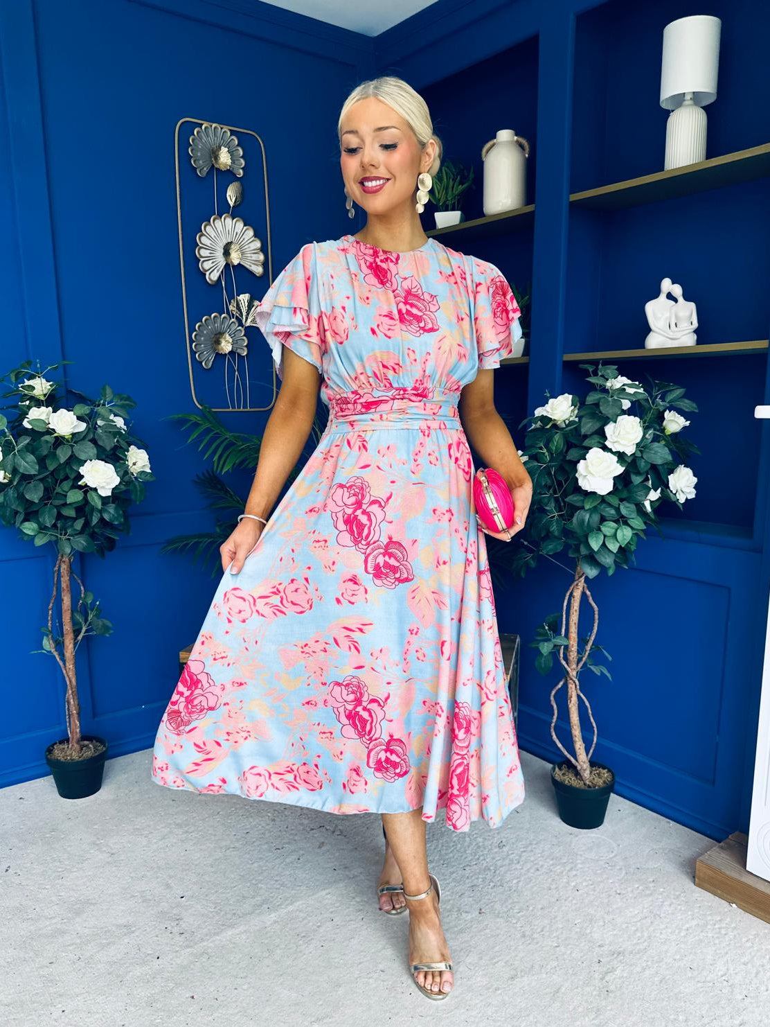 Naoise Frill Sleeve Midi Dress Floral Pastel