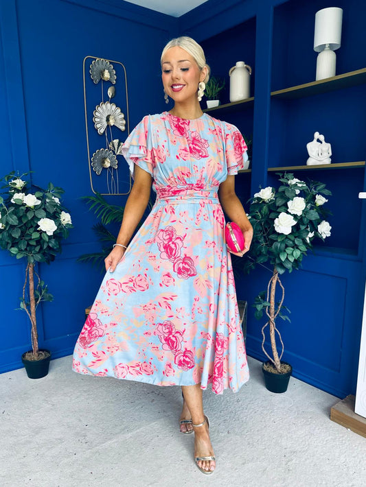 Naoise Frill Sleeve Midi Dress Floral Pastel
