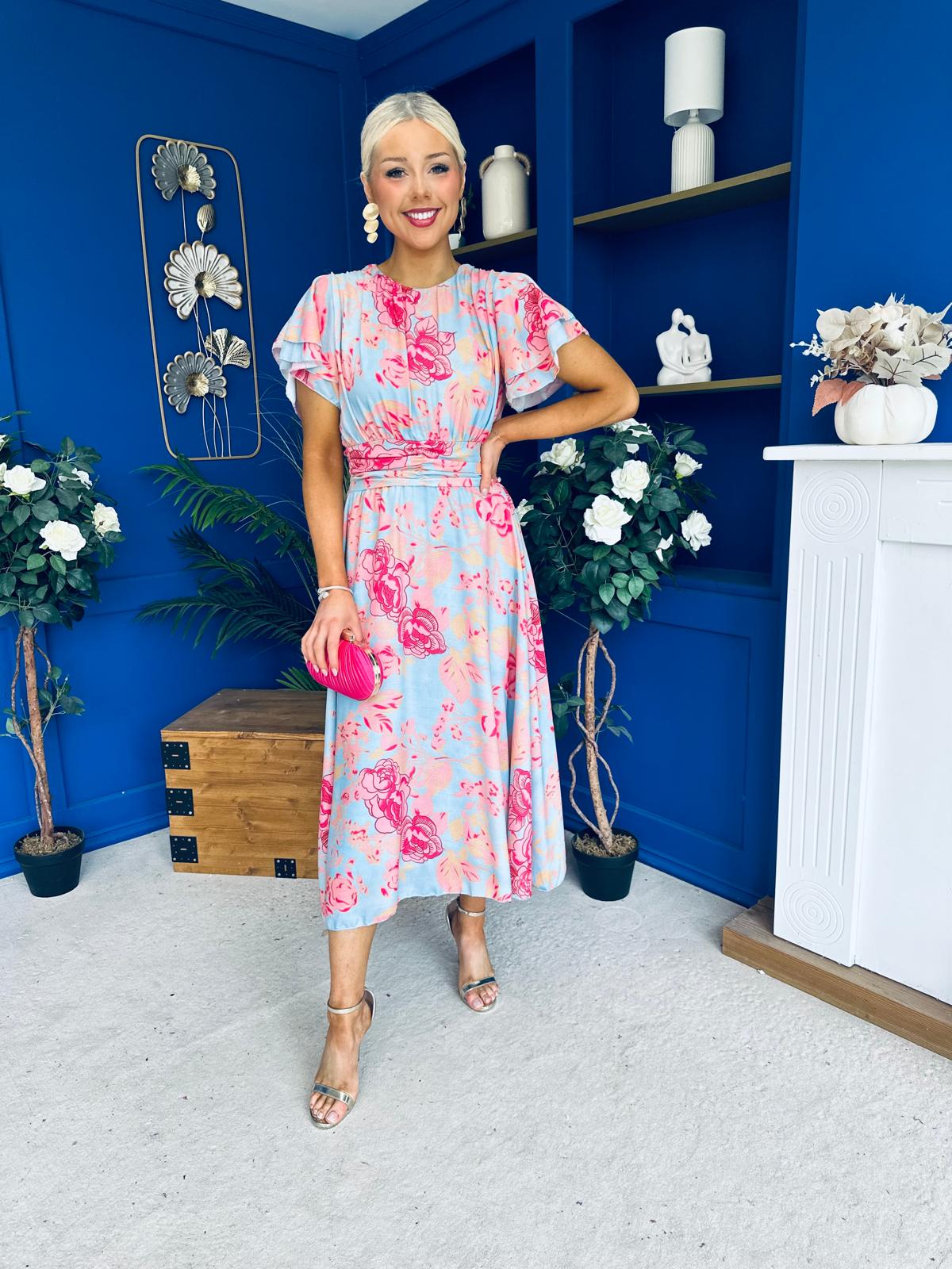 Naoise Frill Sleeve Midi Dress Floral Pastel