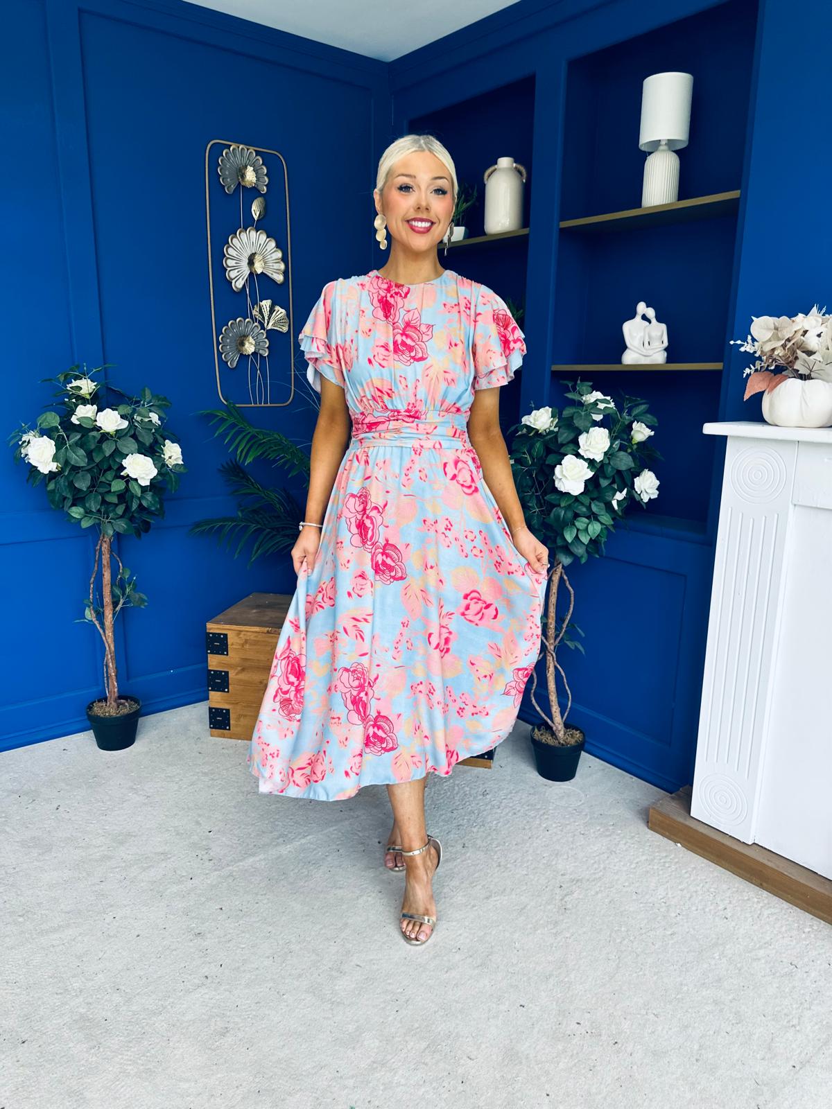 Naoise Frill Sleeve Midi Dress Floral Pastel