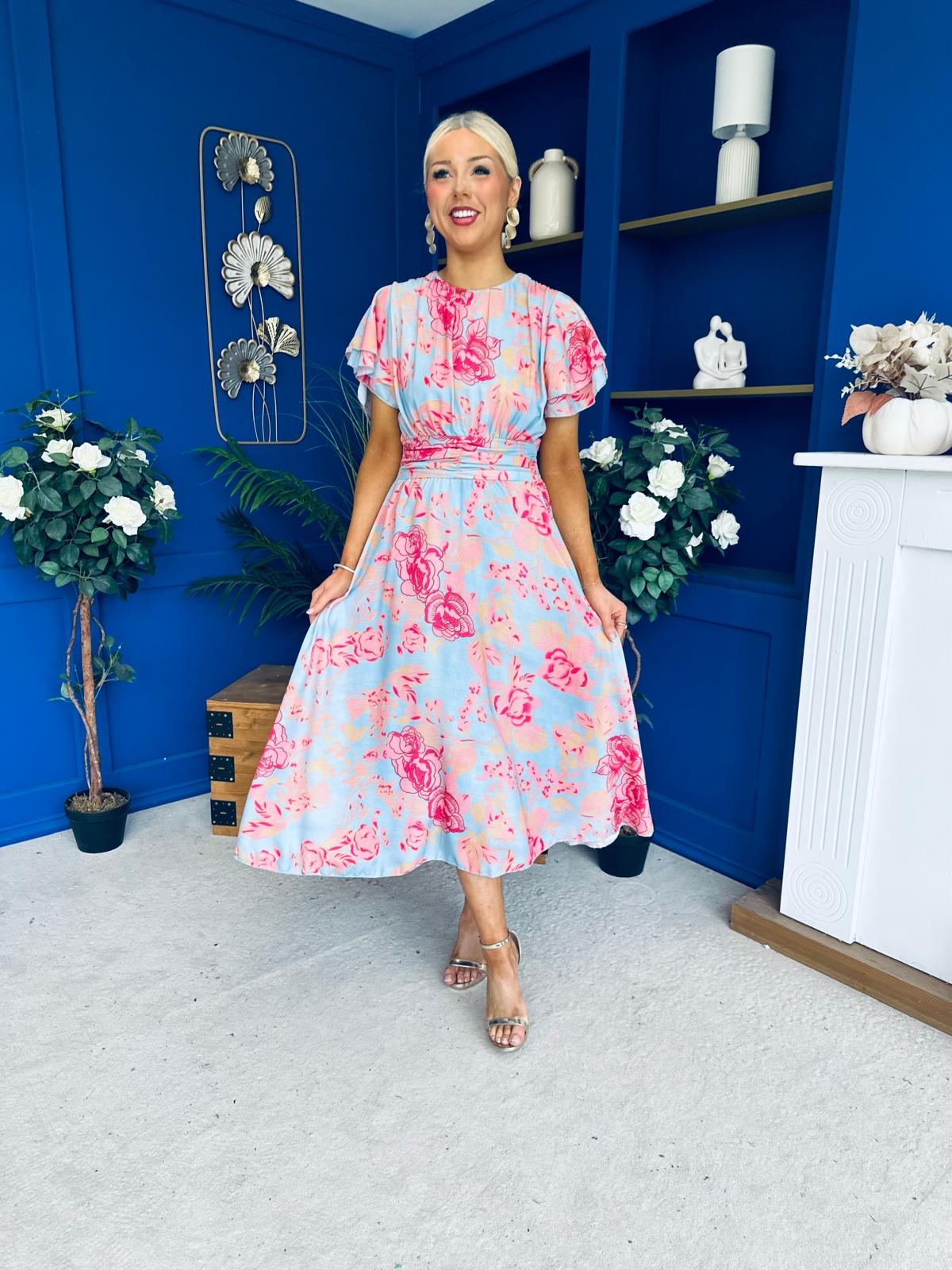 Naoise Frill Sleeve Midi Dress Floral Pastel