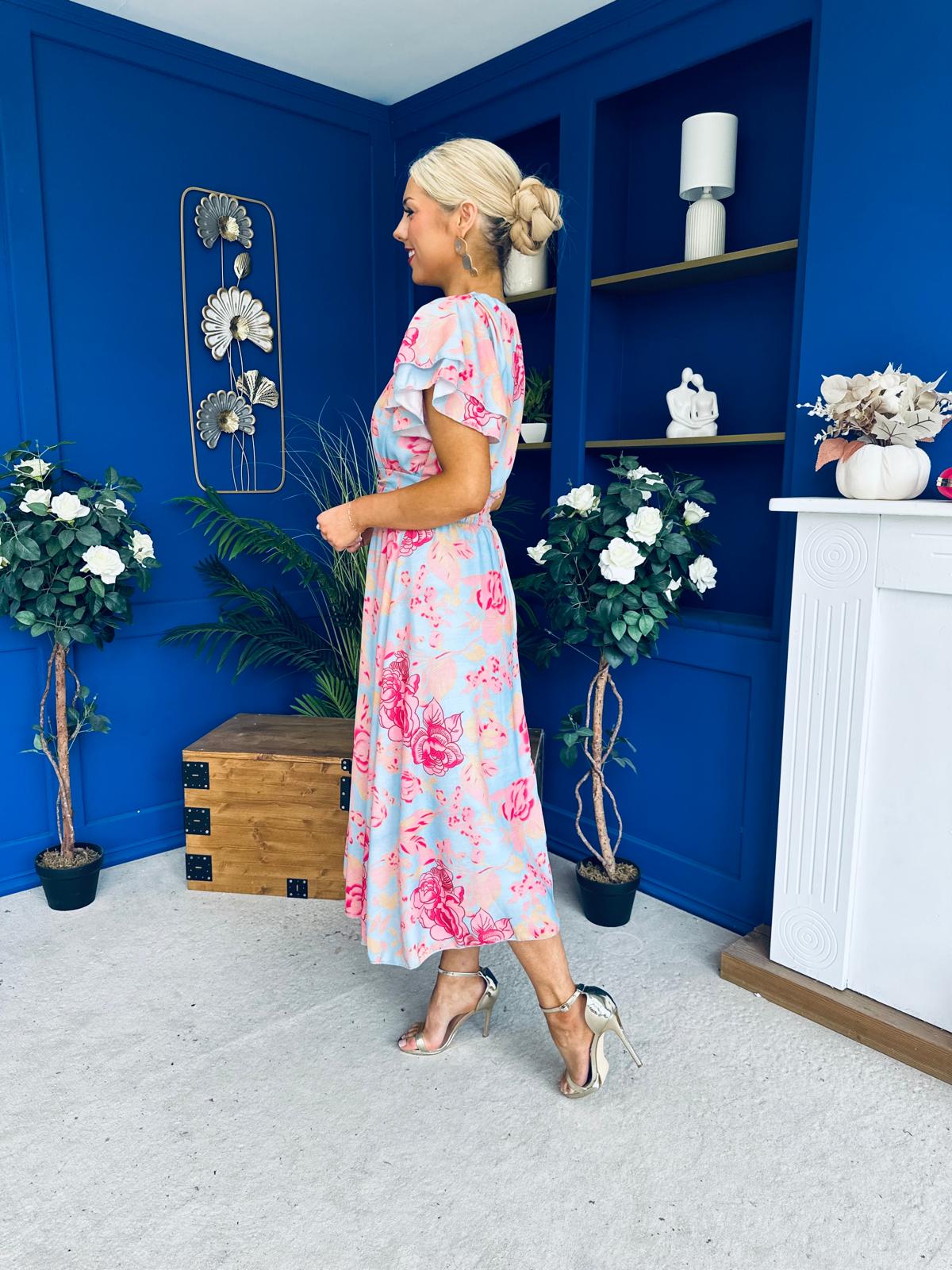 Naoise Frill Sleeve Midi Dress Floral Pastel