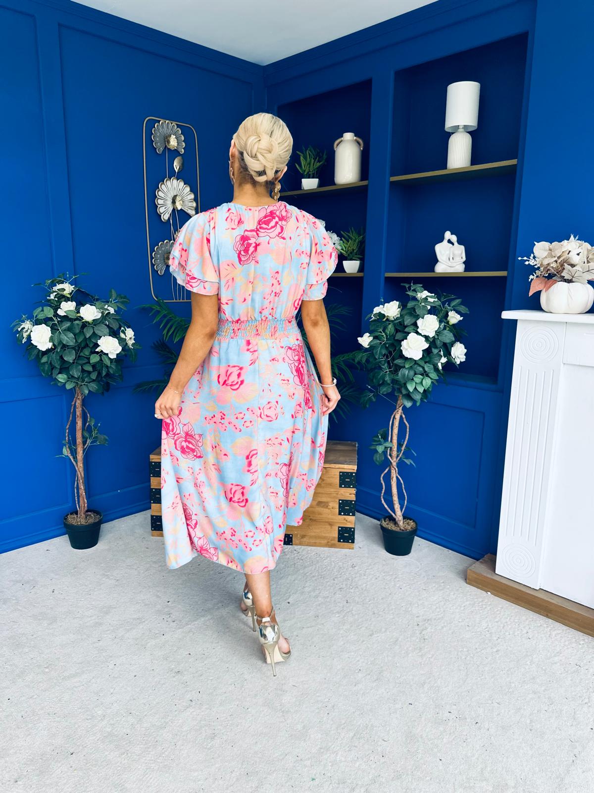 Naoise Frill Sleeve Midi Dress Floral Pastel