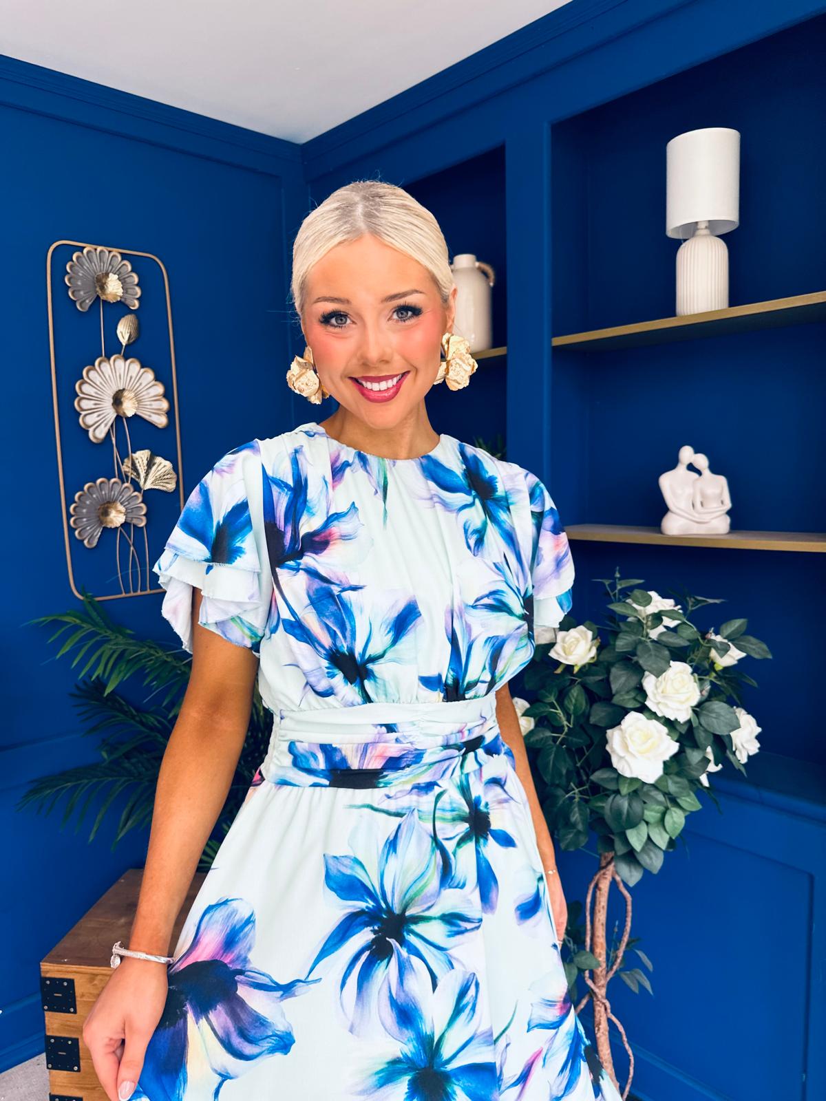 Naoise Frill Sleeve Midi Dress Floral Pwr Green