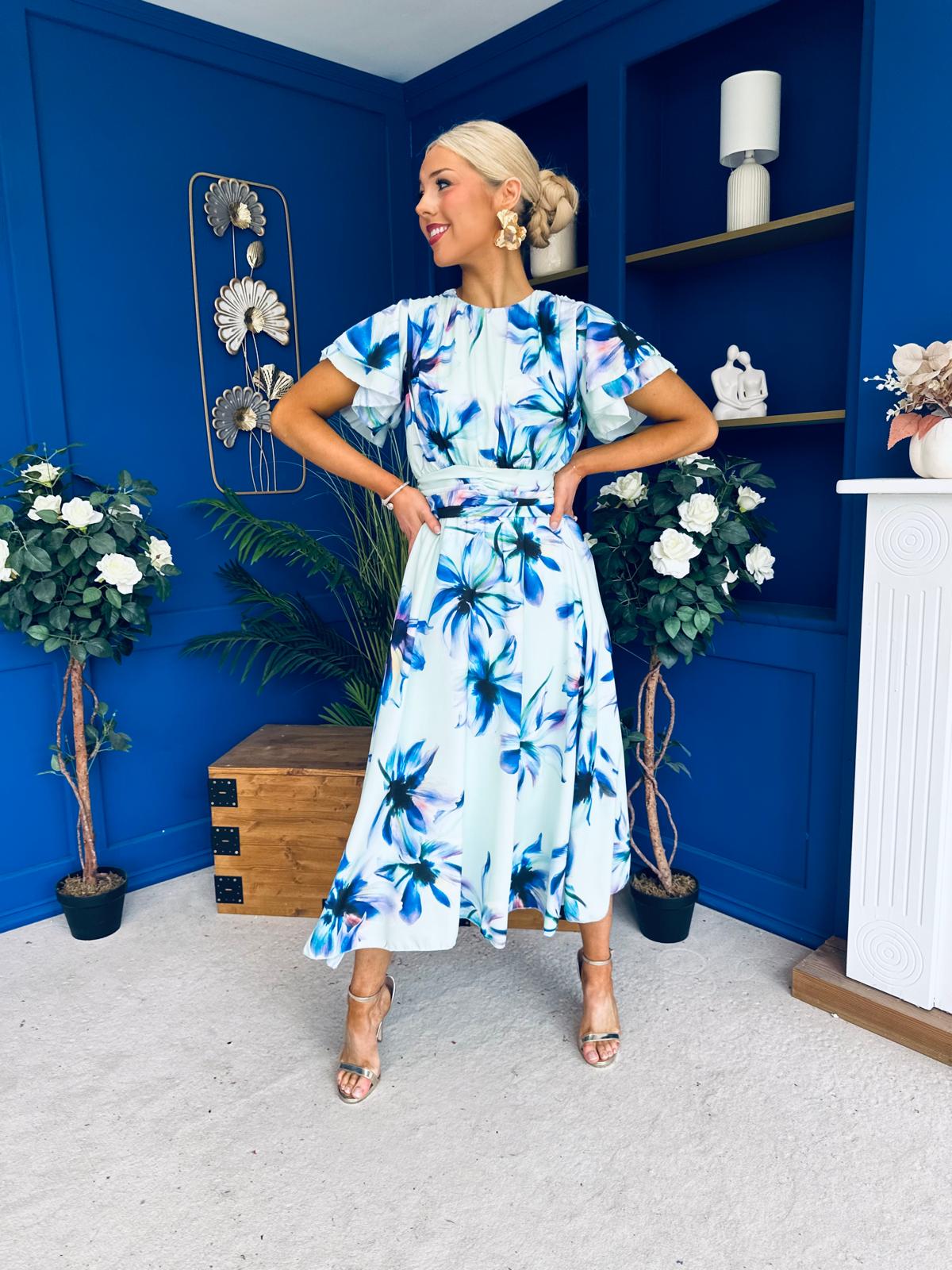 Naoise Frill Sleeve Midi Dress Floral Pwr Green