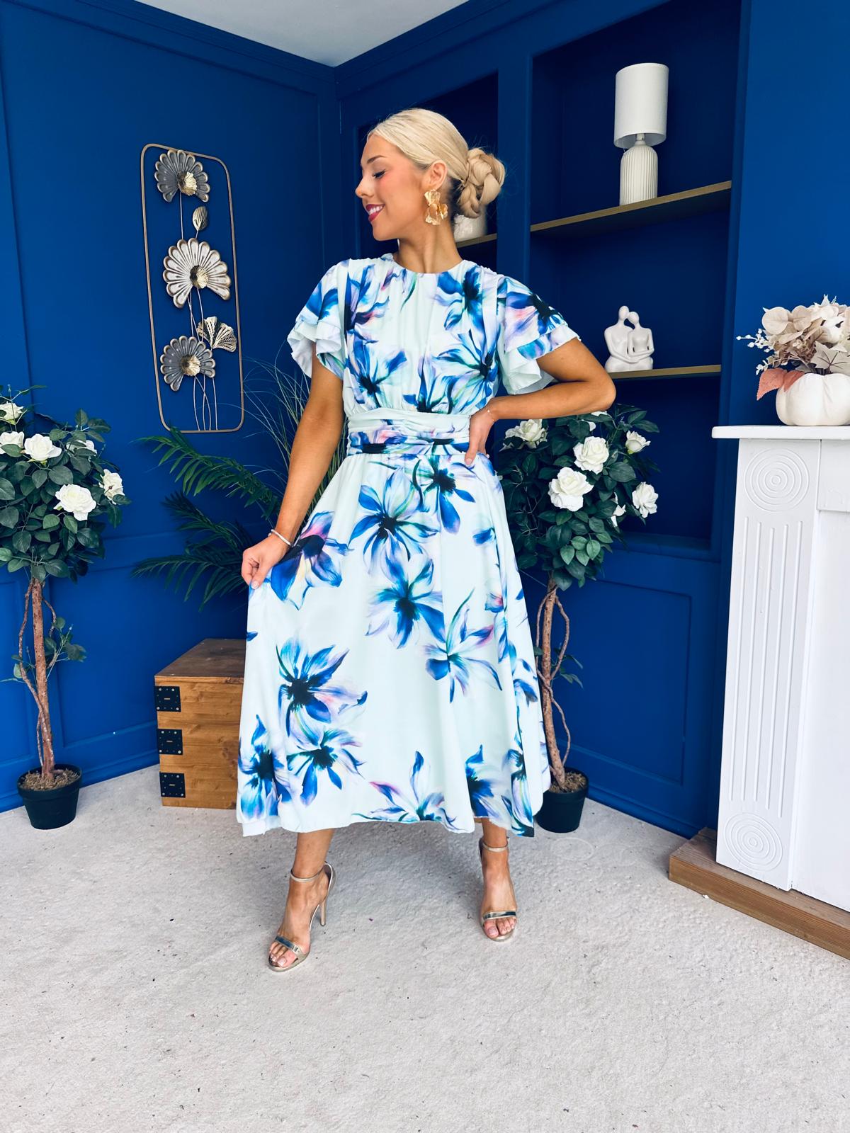 Naoise Frill Sleeve Midi Dress Floral Pwr Green
