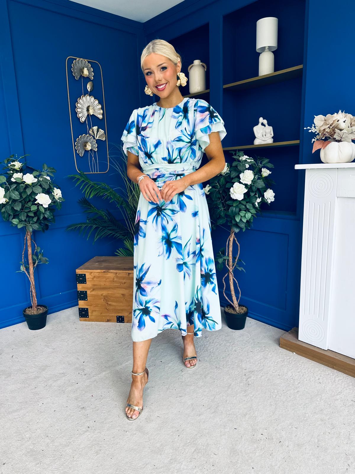 Naoise Frill Sleeve Midi Dress Floral Pwr Green