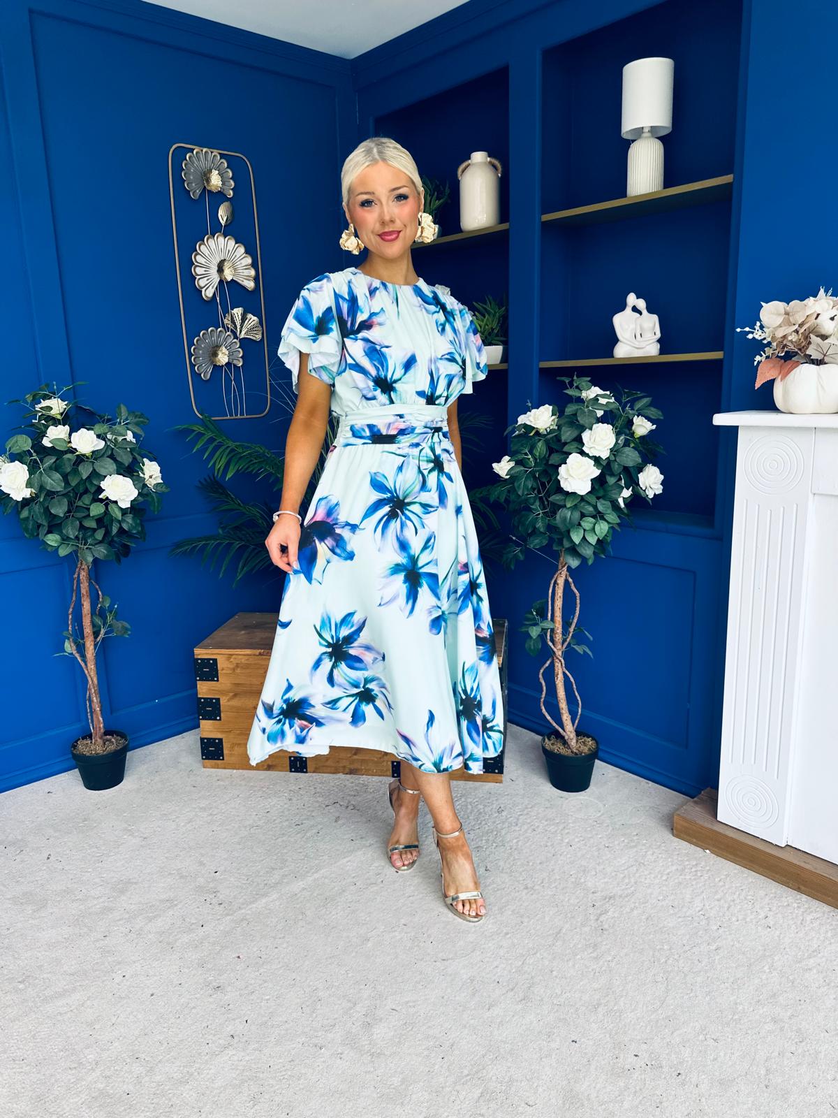 Naoise Frill Sleeve Midi Dress Floral Pwr Green